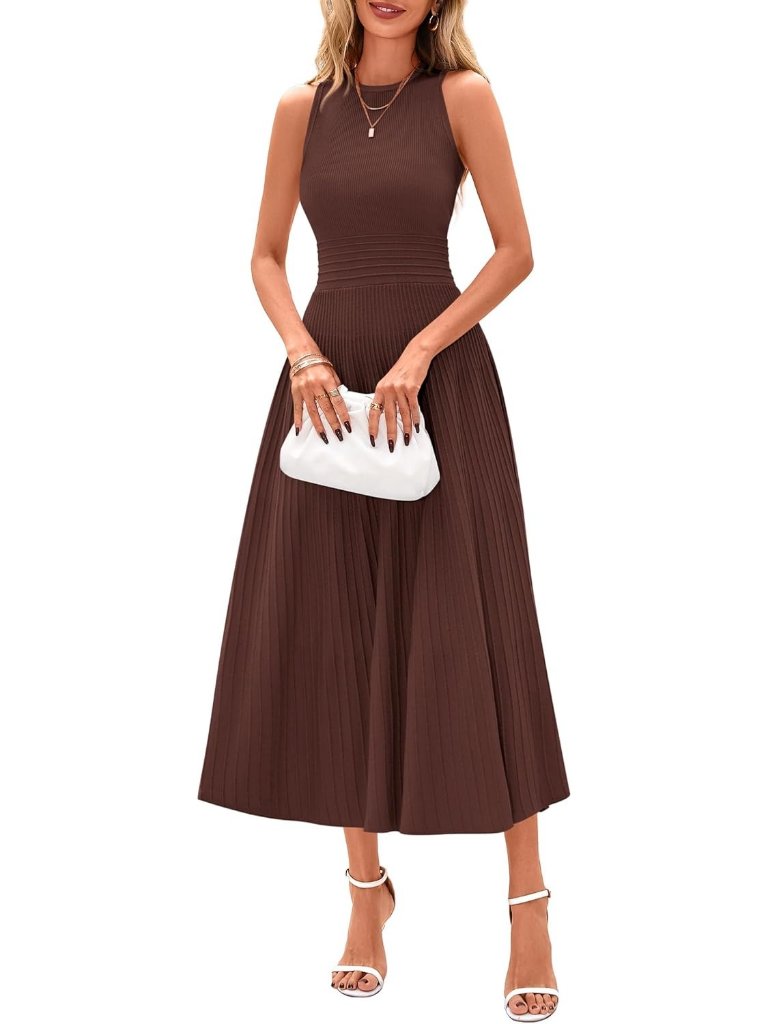 Women's Dress Midi Brown Crew Neck Short Sleeveles Pleated A Line Casual Summer
